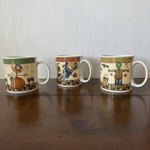 Vintage 1998 Sakura Debbie Mumm Halloween Mugs Set of 3 Witch Owl Frankenstein